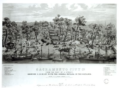 Sacramento City, California, from the Foot of J. Street showing I. J. and K. Streets with the Sierra Nevada in the Distance, engraved by William Endicott und Co., 1849 by G.V. Cooper